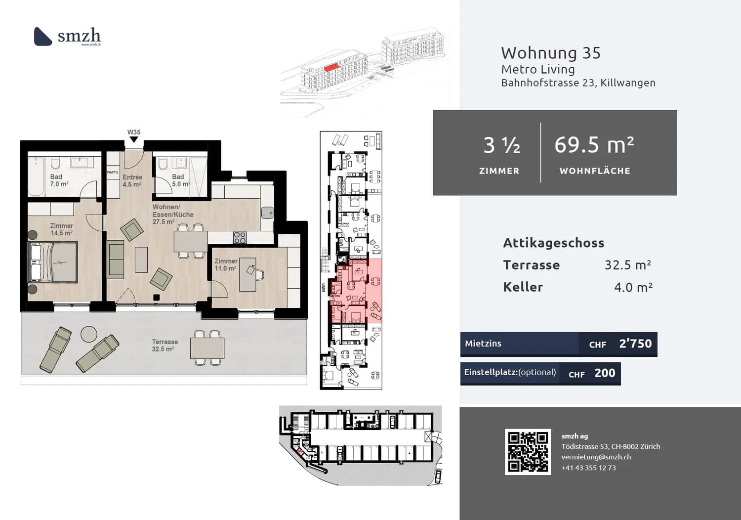 3.5-Zimmer-Attika mit grosser Terrasse in Killwangen mieten