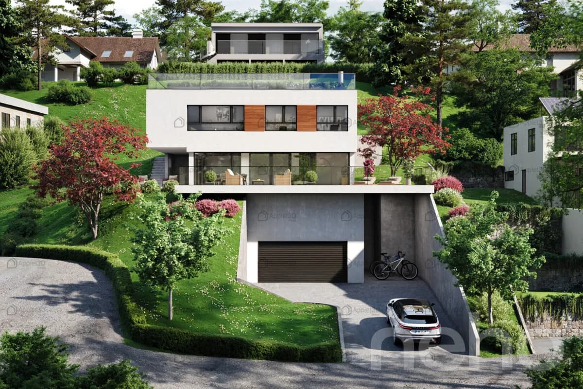 Villa d'architecte avec vue panoramique sur le lac et les montagnes