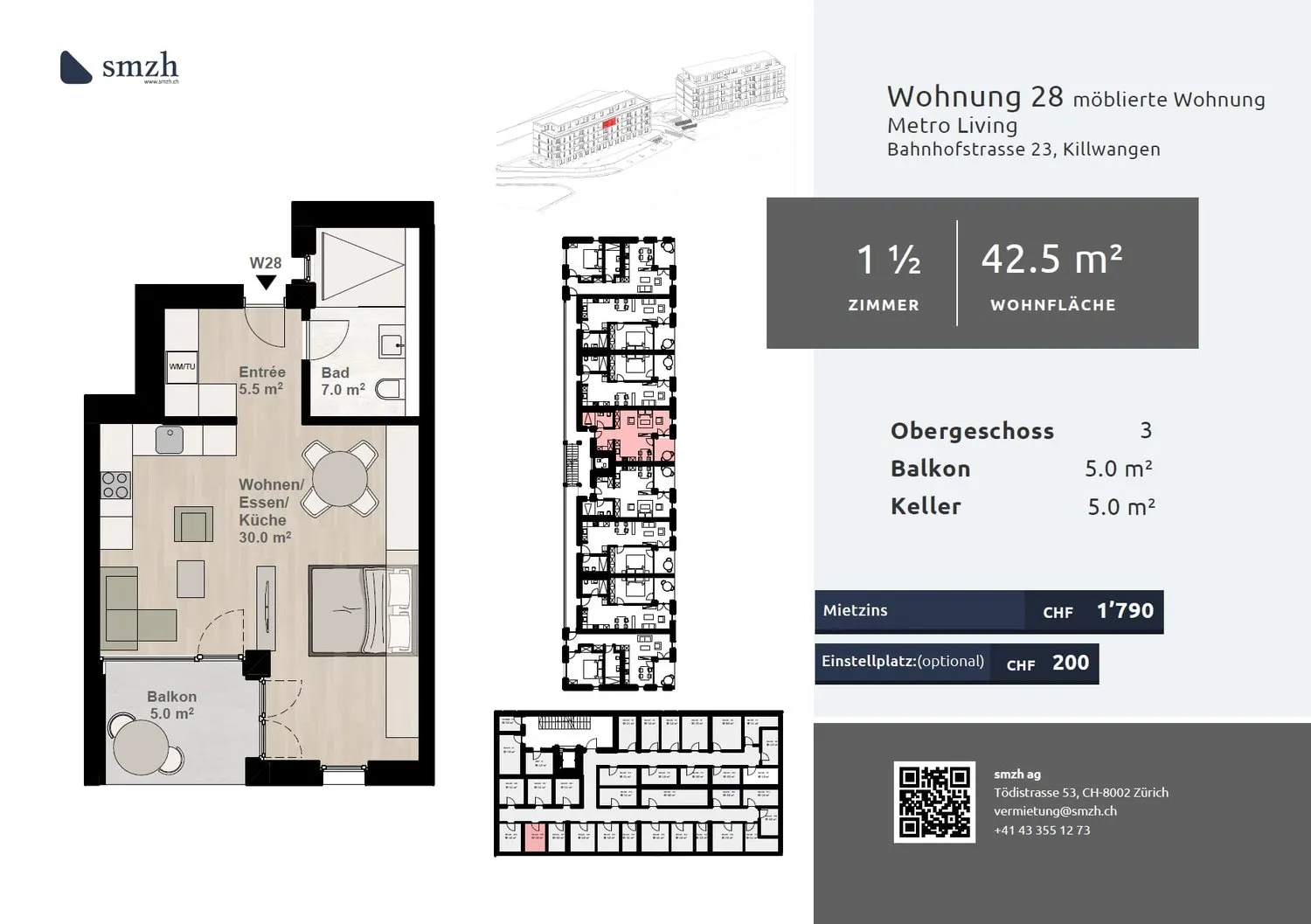 1.5-Zimmer, möbliert mit Balkon - urban mieten in Killwangen