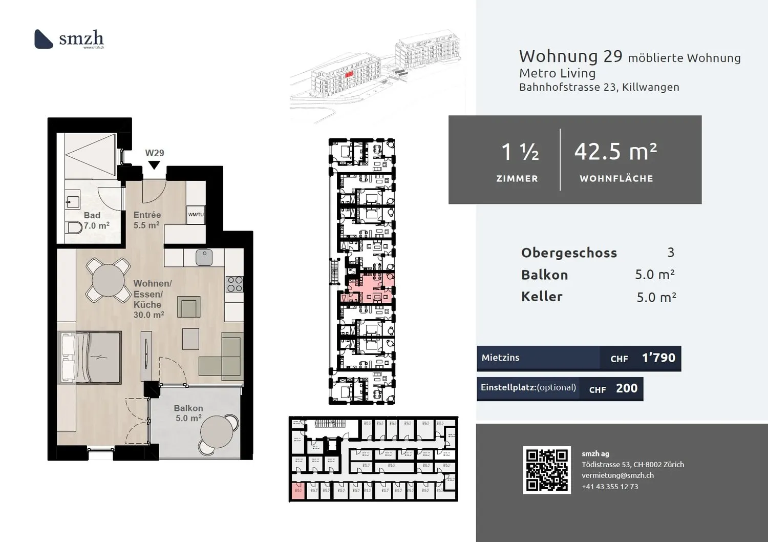 1.5-Zimmer, möbliert mit Balkon - urban mieten in Killwangen