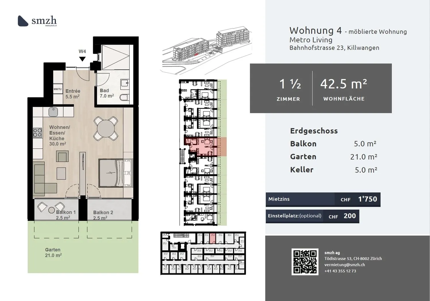 Möblierte 1.5-Zi.-Gartenwohnung mit Balkon, Killwangen