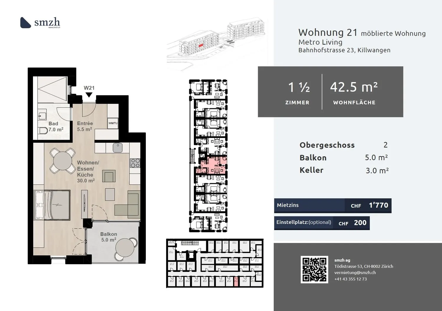1.5-Zimmer, möbliert, Balkon - direkt am Bahnhof Killwangen