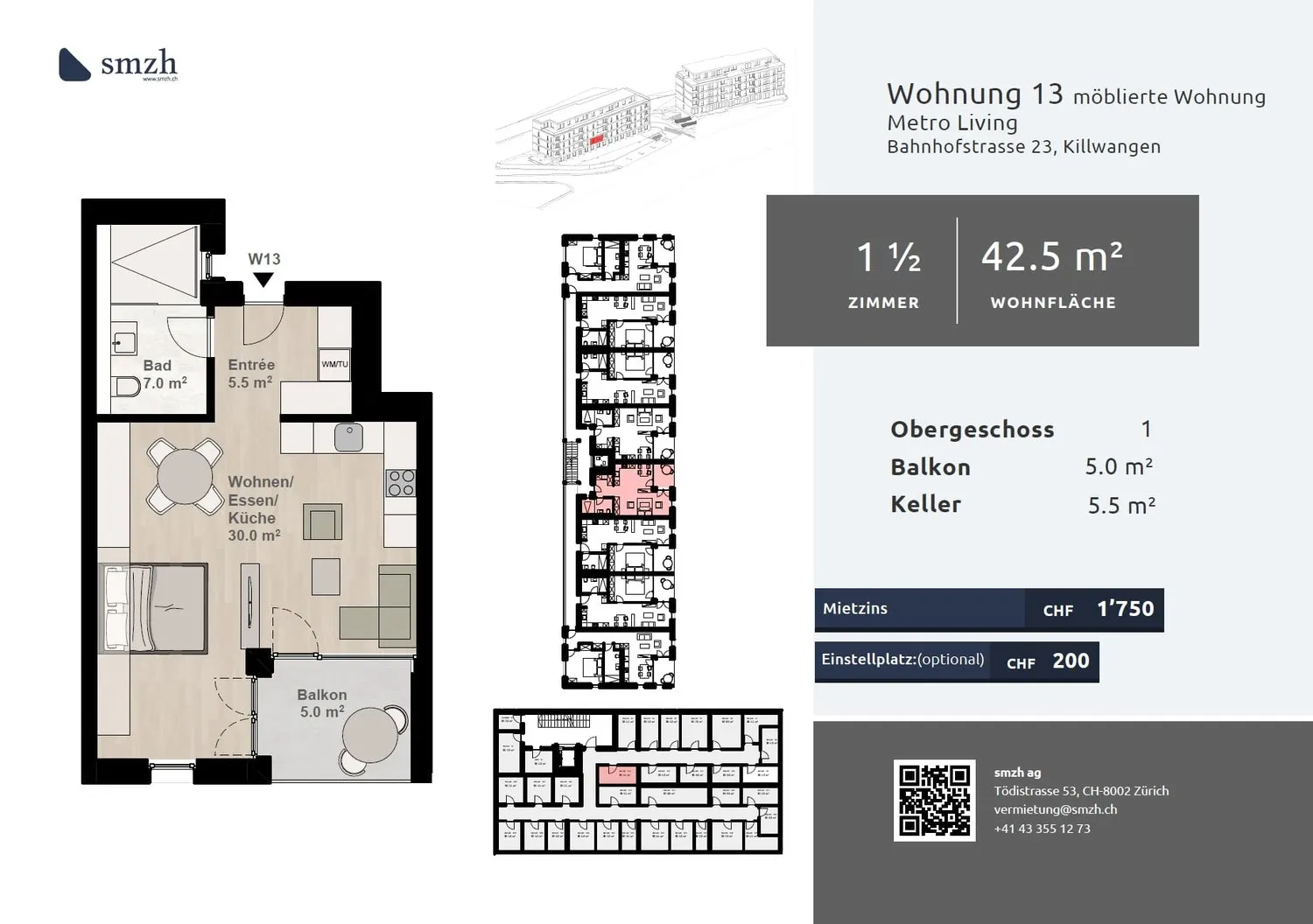 1.5-Zimmer, möbliert mit Balkon - urban mieten in Killwangen