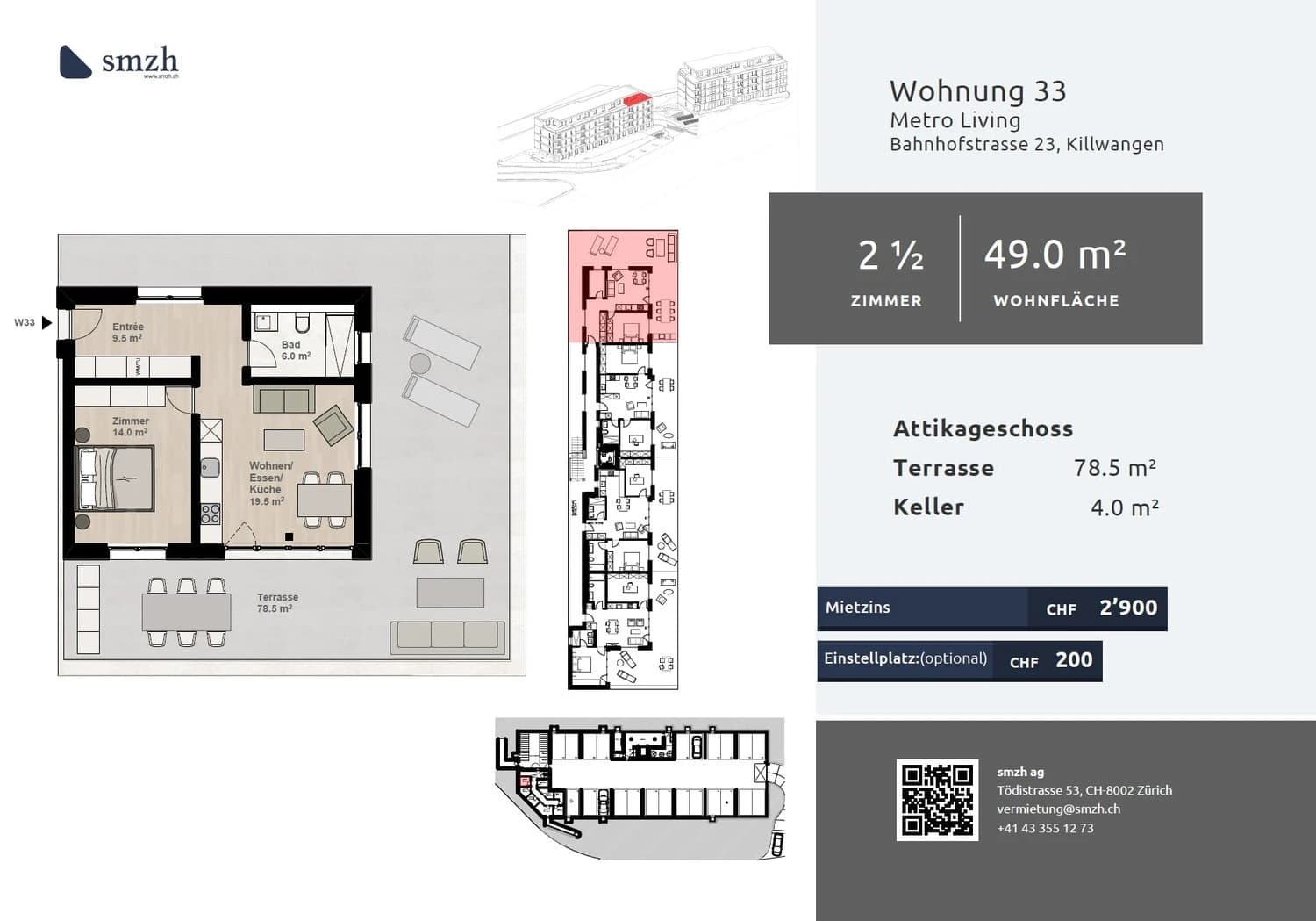 2.5-Zi.-Attika mit 78.5 m² Terrasse - urban wohnen, Killwangen