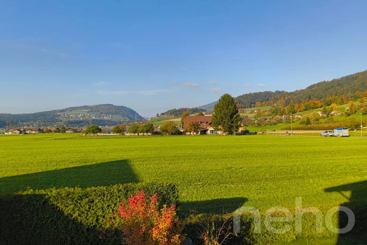 Helle 4.5-Zimmerwohnung mit Cheminée, Balkon, Grünblick. Nähe Thun.
