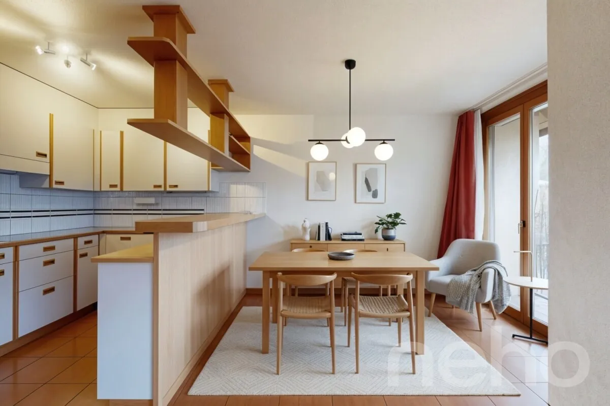 Helle 4.5-Zimmerwohnung mit Cheminée, Balkon, Grünblick. Nähe Thun.