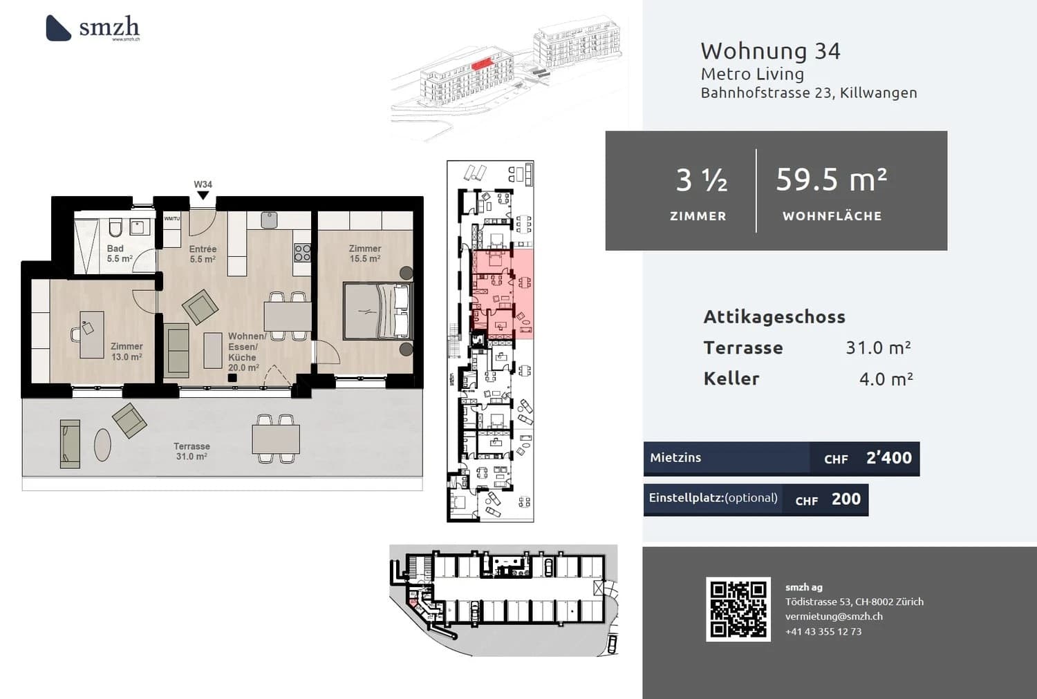 3.5-Zi.-Attika mit 31 m² Terrasse in Killwangen mieten