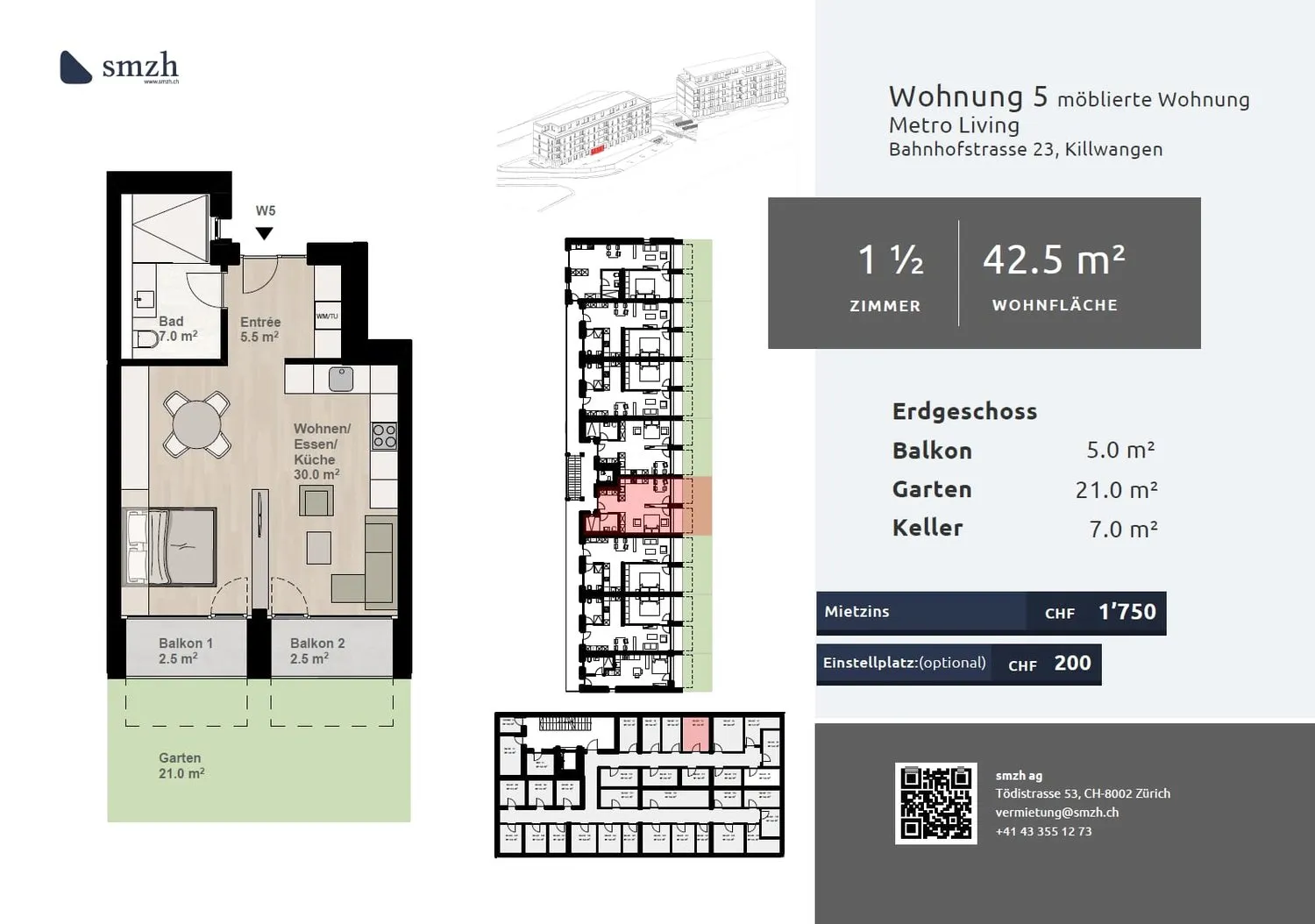 1.5-Zimmer, möbliert mit Garten - urban mieten in Killwangen