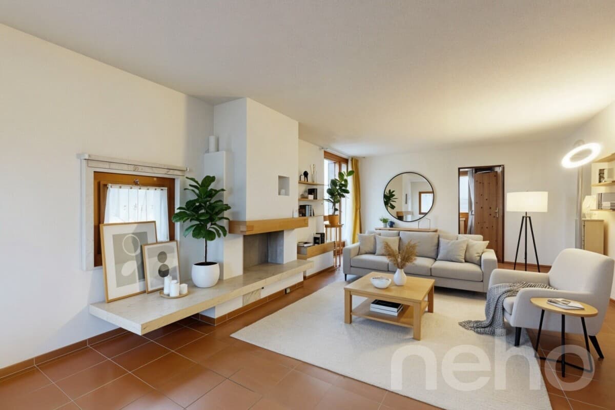 Helle 4.5-Zimmerwohnung mit Cheminée, Balkon, Grünblick. Nähe Thun.