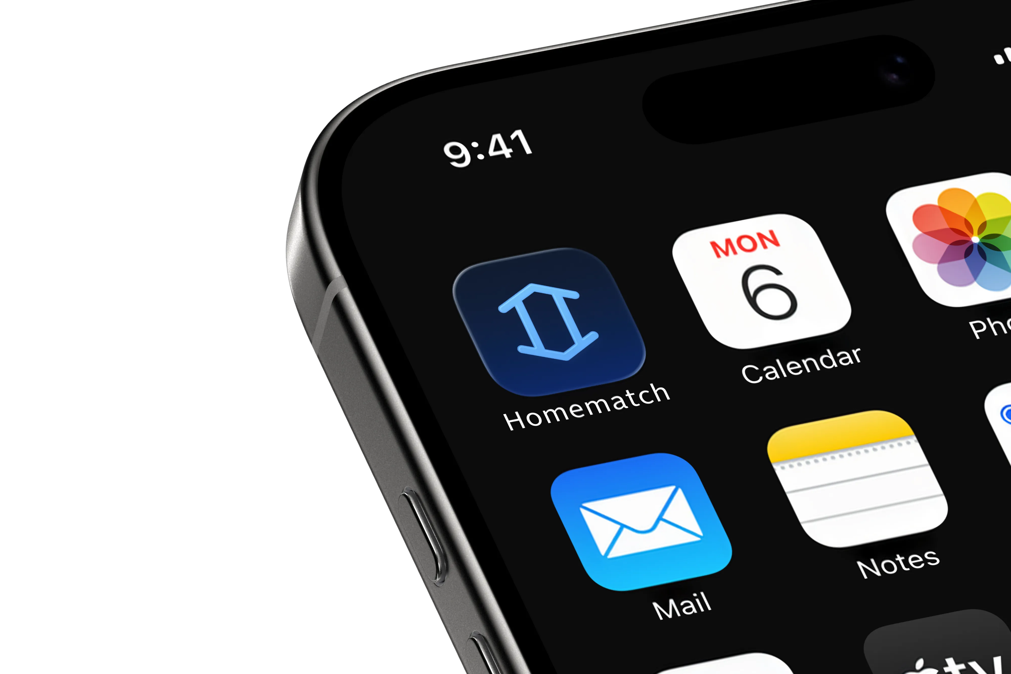 Mockup dell'app Homematch per iOS — Ricerca di alloggi moderna con interfaccia intelligente e funzione swipe
